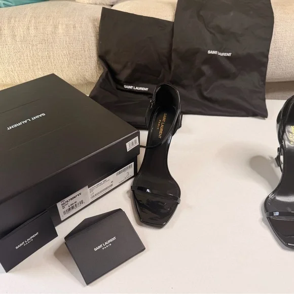Saint Laurent Black Patent Leather Square-Toe Ankle-Strap Heels | Size 40 - Picture 12 of 14